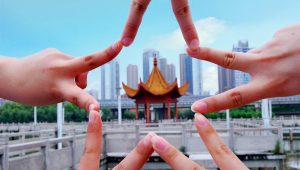 青春爱情校园电影封面，男女主角在樱花校园操场奔跑，画面明亮清新青春活力